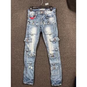 Preme Jeans Mens 28x35 Semi Stacked Fit Cargo Utility Blue Distressed Denim Y2K